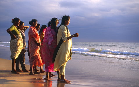 calangute, AV, Indija, pludmale, sievietes, kostīms, saulriets