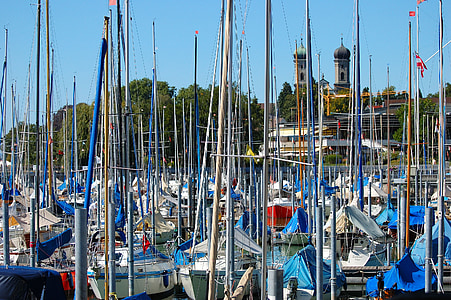 Konstanz Gölü, Constance, bağlantı noktası, yelkenli tekne, Almanya, Baden württemberg, Gemi direkleri
