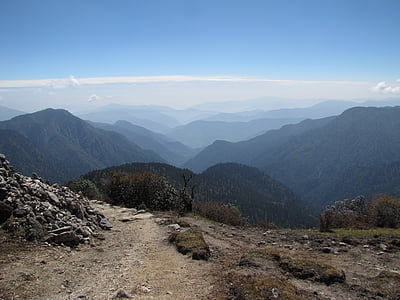 horizon, trail, mountain, sky, fog, blue, hiking
