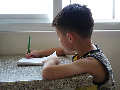 pisanje, dječak, dijete, učenik, dijete, domaći, olovka