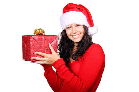 圣诞节, 圣诞帽, 圣诞礼物, 礼物, 女孩, 快乐, 肖像