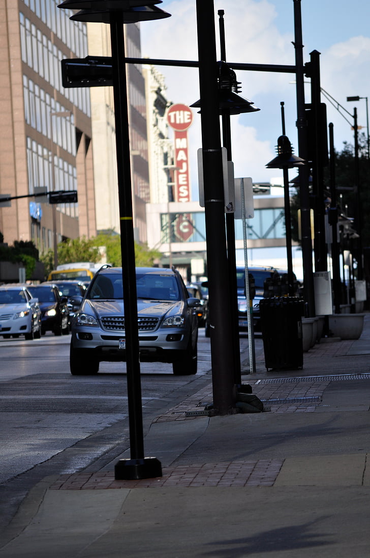 downtown, dallas, cars, light posts, busy, rush hour