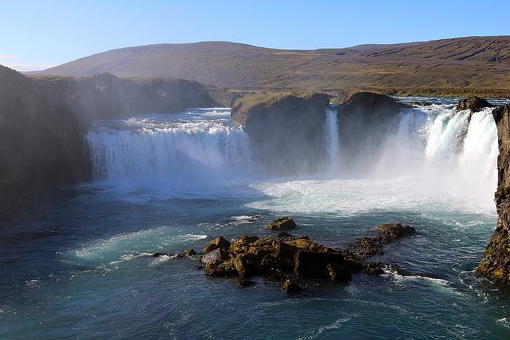 Island, vandfald, natur, svartifoss, hvid vand, regnbue, landskab