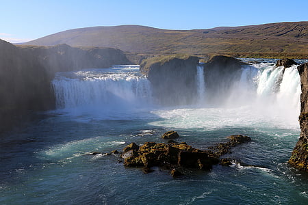 Исландия, Водопад, Природа, Свартифосс, Белая вода, Радуга, пейзаж