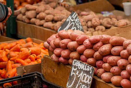 patates, pastanagues, verdures, fruita, vegetals, mercat, venda