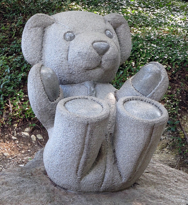 teddy bear, sculpture, baby, park, stone, granite, toy