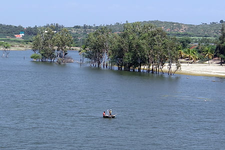 čamcu, ribolov, mrežu, Krishna Rijeka, rukavaca, Karnataka, Indija
