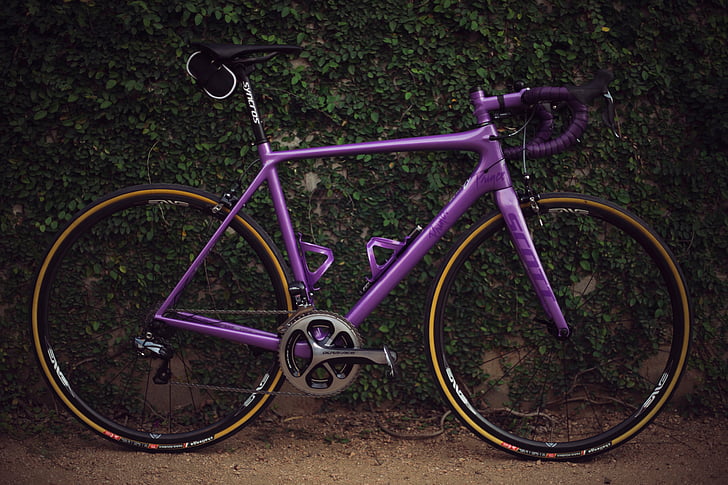 purple, fixed, gear, bicycle, standing, beside, green