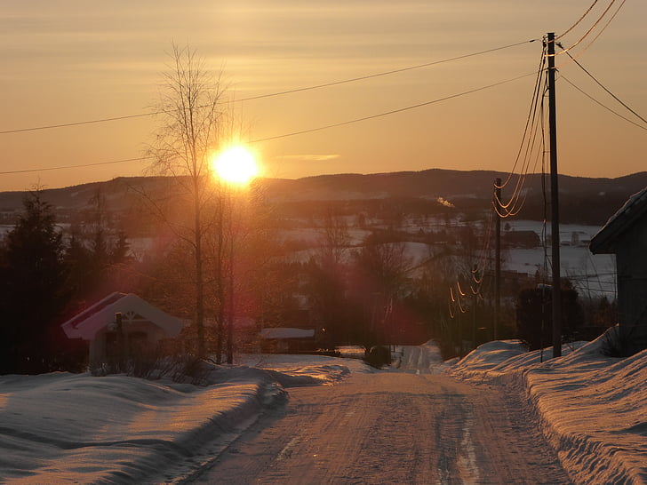 Wschód słońca, Long melford, Toten, Norwegia, sieć LAN, krajobraz, na zewnątrz