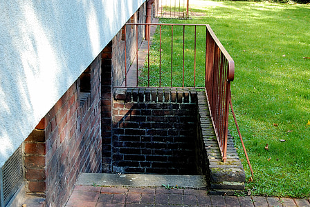 basement stairs, railing, stainless, meadow, bricks, coal mining settlement