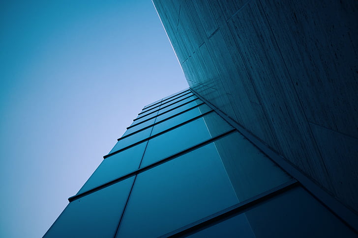 low, angle, photography, curtain, wall, building, blue