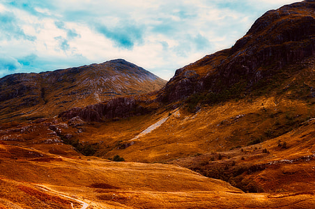 Skotija, ainava, debesis, mākoņi, kalni, ieleja, Skotijas kalnieni