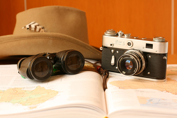 fotoaparát, staré, klobouk, cestování, ročník, starý fotoaparát, fotoaparát - fotografické vybavení