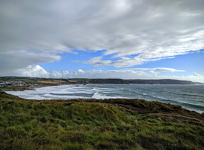 morje, valovi, plima, obala, nebo, obzorje, Cornwall