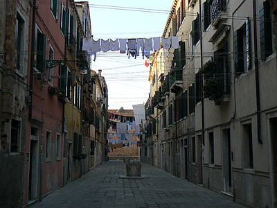 Veneza, rua, Itália, lavagem de janelas, fachada, casa velha