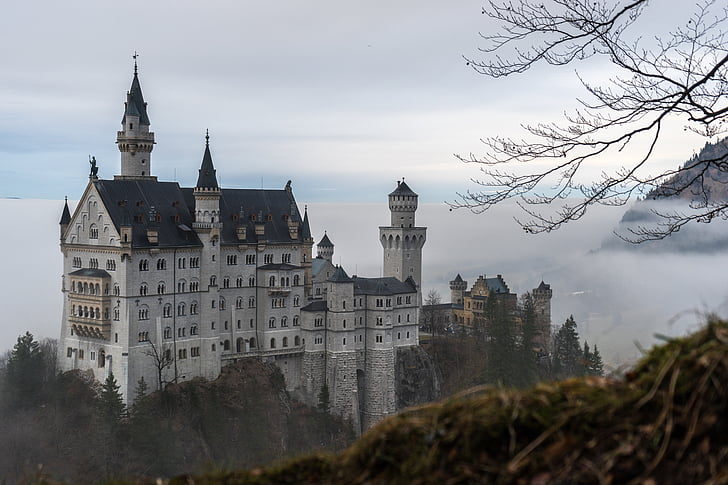 trắng, lâu đài, Trung, sương, gần, dãy núi, Neuschwanstein
