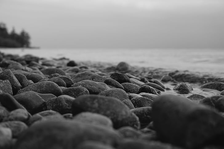 stones, beach, black and white, water, lake constance, pebble