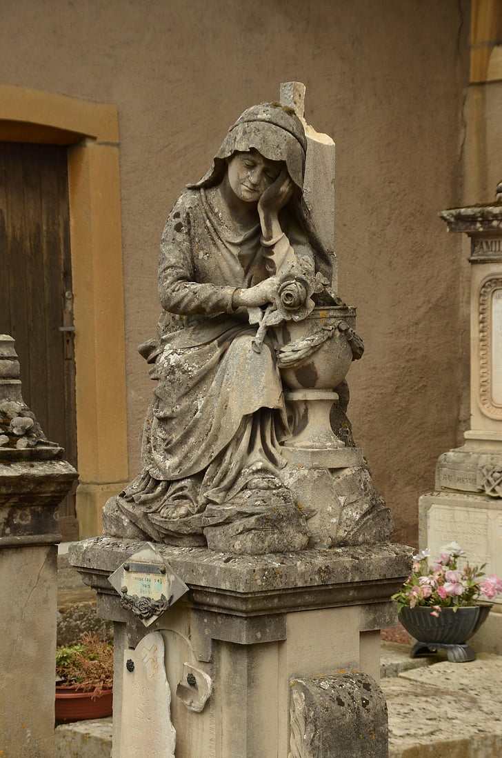 kirkegård, billede, sorg, kvinde, statue