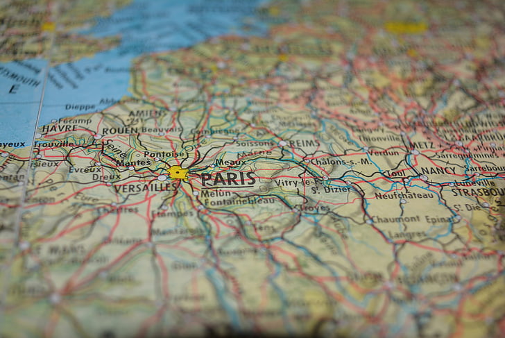 Карта, Париж, закрити, картографія, подорожі, напрямок, подорож