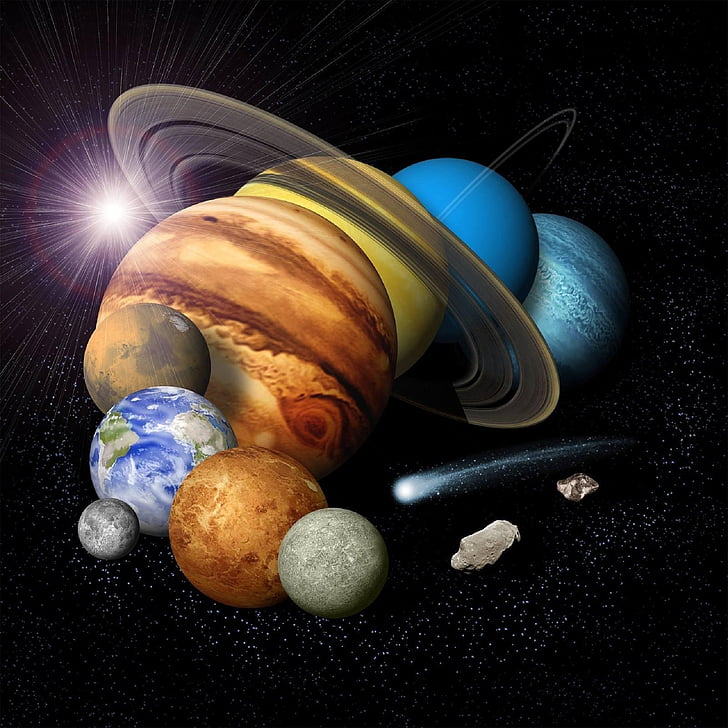 montage, planeten, Jupiter, aarde, Saturnus, Neptune, Mars