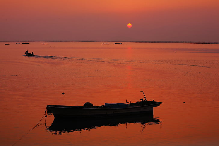 glow, fisherman, sea, sunset, orange, sk telecom, reflections