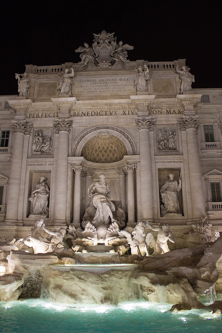 Řím, Itálie, Fontána, Trevi, noční, svítí, starověké