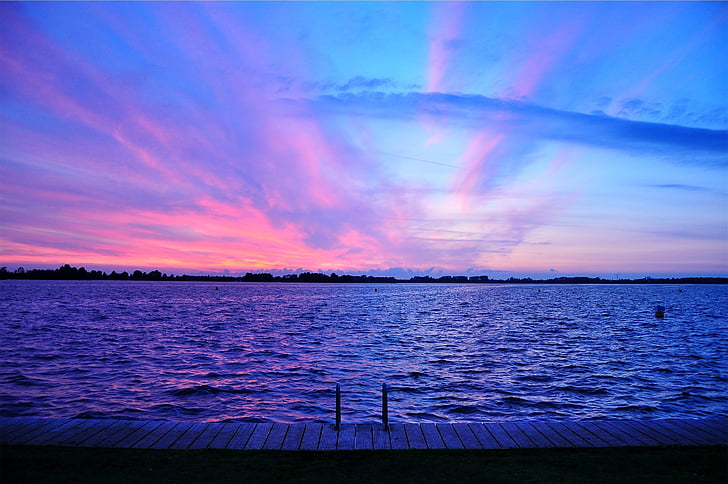 purple, sunset, dusk, sky, pink, lake, water