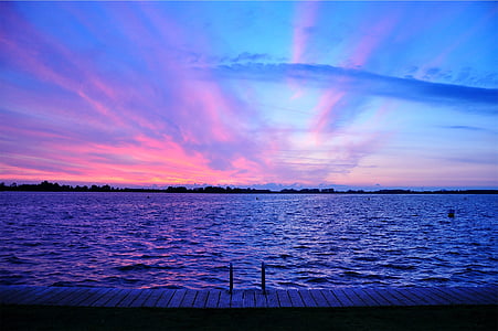紫, サンセット, 夕暮れ, 空, ピンク, 湖, 水