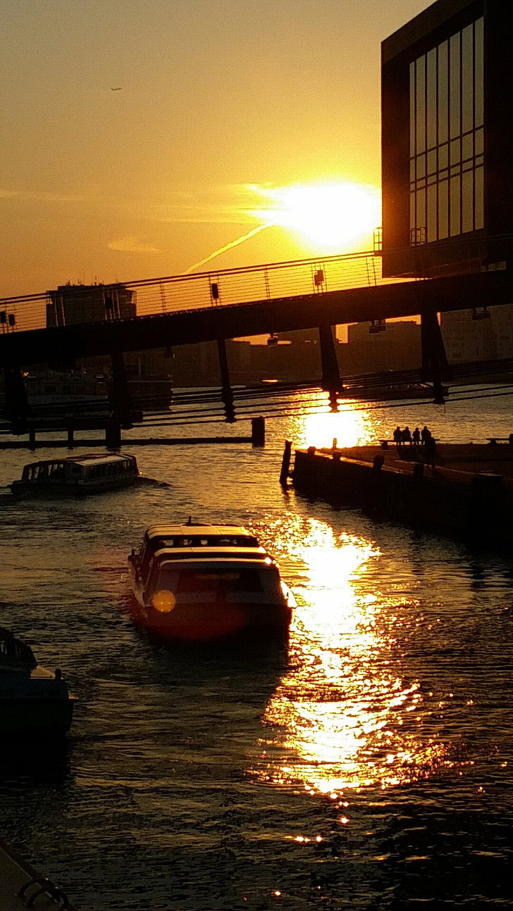 Amsterdam, port, Nederland, solnedgang, humør, oransje himmelen, båter
