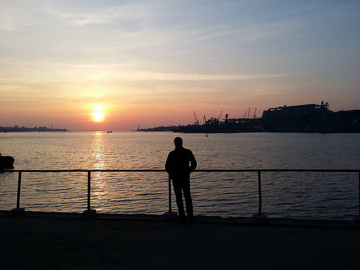 Crimea, Sebastòpol, posta de sol, home, silueta, nit, Mar