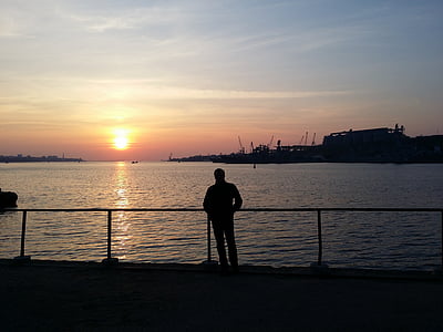 Crimeia, Sebastopol, pôr do sol, homem, silhueta, noite, mar