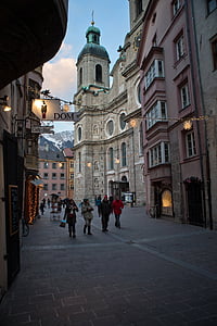 innsbruck, town, austria, winter, evening, basilica, tourists