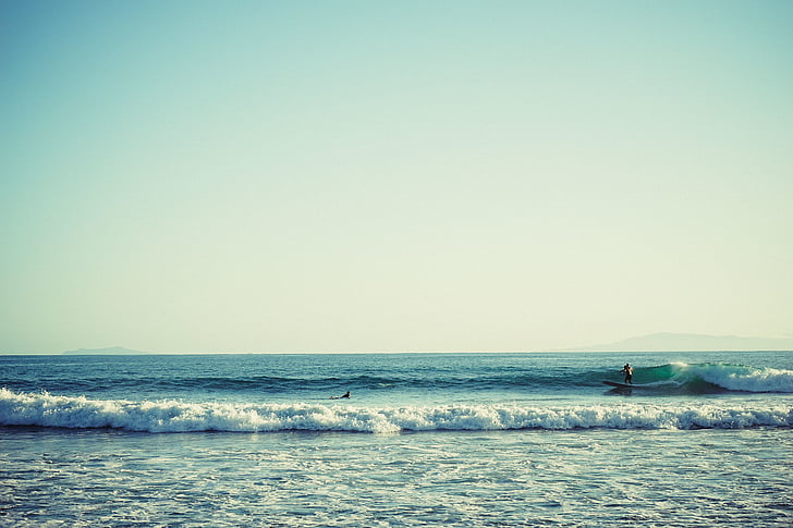 dva, osoba, surfování, vlny, den, čas, pláž