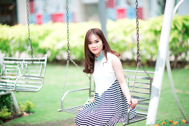 girl, swing, playground, sitting, model, fashion, young