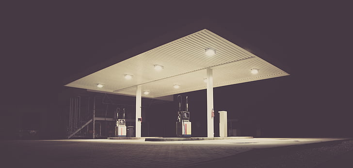 filling station, gas, gas station, gasoline station, night, architecture