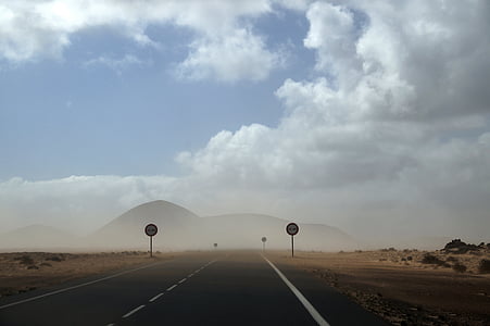 ørkenen, veien, sand, fremover, vind, tørr, dystre