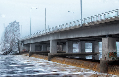 finland, bridge, water, river, flow, winter, snow