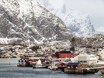 планински, порт, къща, Reine, Лофотен, Норвегия, сняг