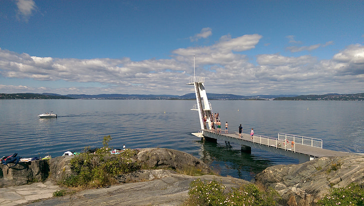 el fiordo de oslo, Oslo, trampolín, barco, Noruega, ingierstrand, mar