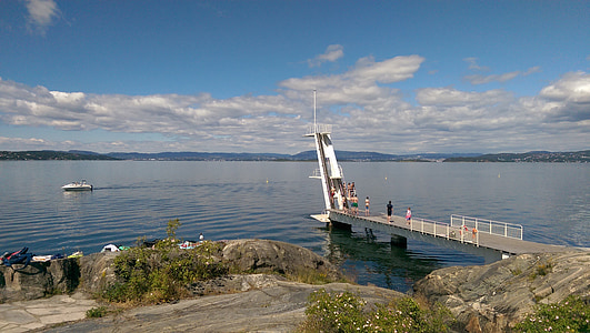 o Fiorde de oslo, Oslo, prancha de mergulho, barco, Noruega, ingierstrand, mar