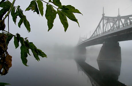 vieux pont, Tver, brouillard, perspective aérienne