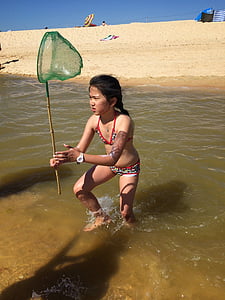 landing net, just, beach, fish, catch, child, river