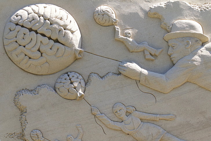 cervell, globus, home, barret, nen, dona, escultura d'Arena