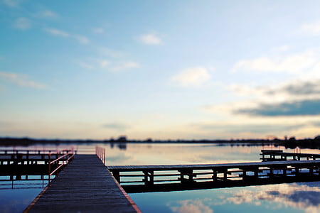 Most, jezero, obloha, Západ slunce