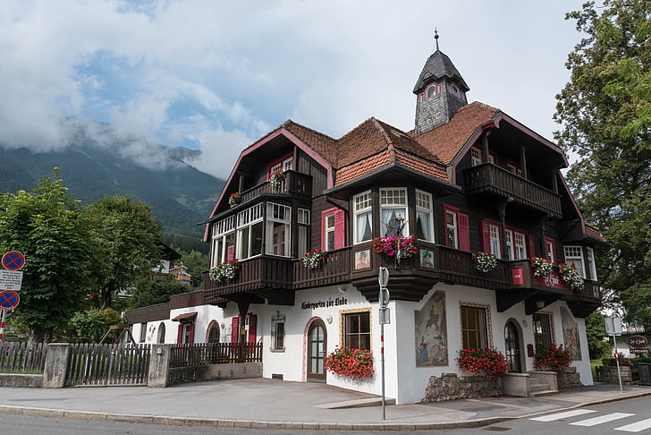 Tyrol, bangunan, rumah, balkon, kayu, arsitektur, budaya