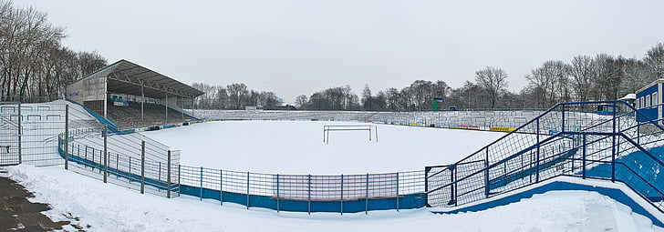 stadionas, futbolo aikštelė, sniego, žiemą, šaltas - temperatūra, lauke, Gamta