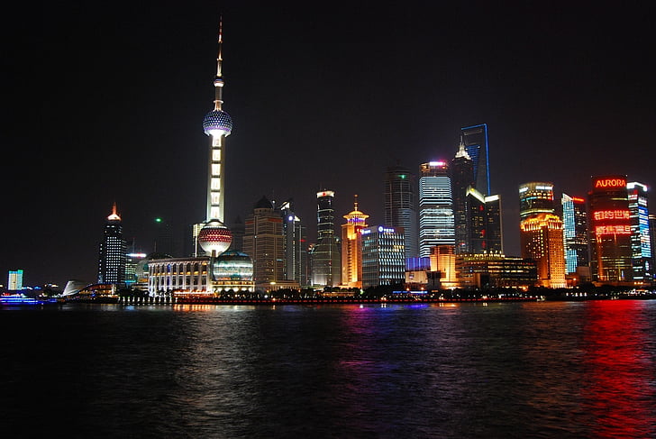 Shanghai skyline, stadsgezicht, nacht, water, het platform, stedelijke, China