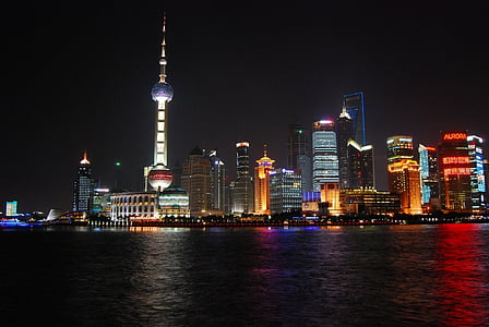 shanghai skyline, cityscape, night, water, architecture, urban, china