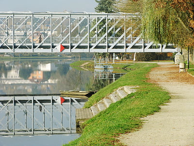 brug, Bank, weg, spiegelen, rivier, water, het platform