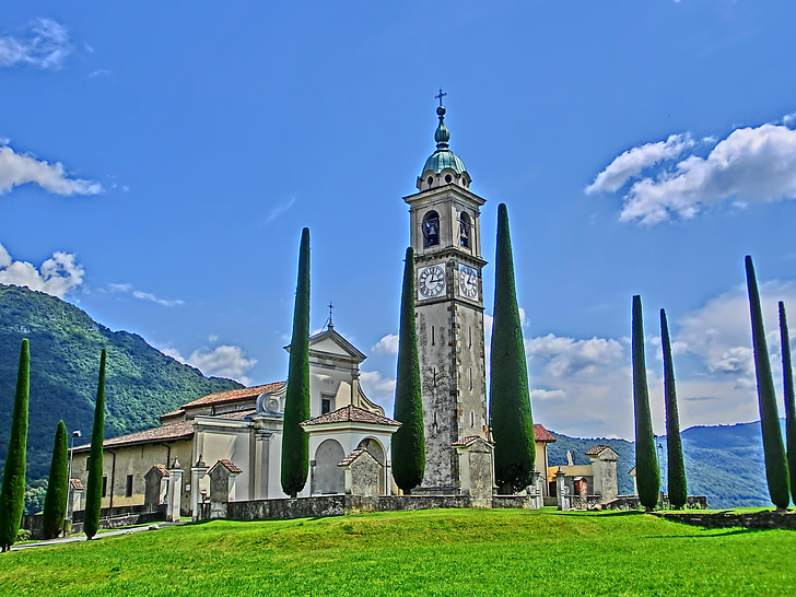 church, architecture, building, tower, cypress, meadow, blue